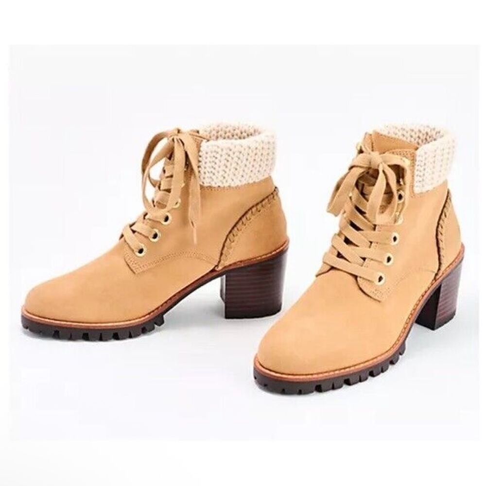 NEW! Jack Rogers Boots Tan Ankle Boots with Knit Cuff size 9 Harper Hiker Knit